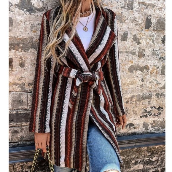 . Jackets & Blazers - Tweed Striped Waterfall Front Belted Coat Brown